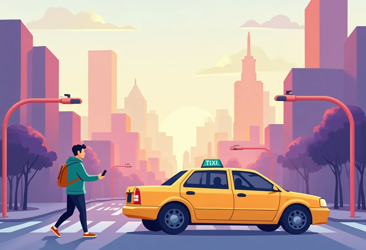 Taxi en la ciudad al atardecer